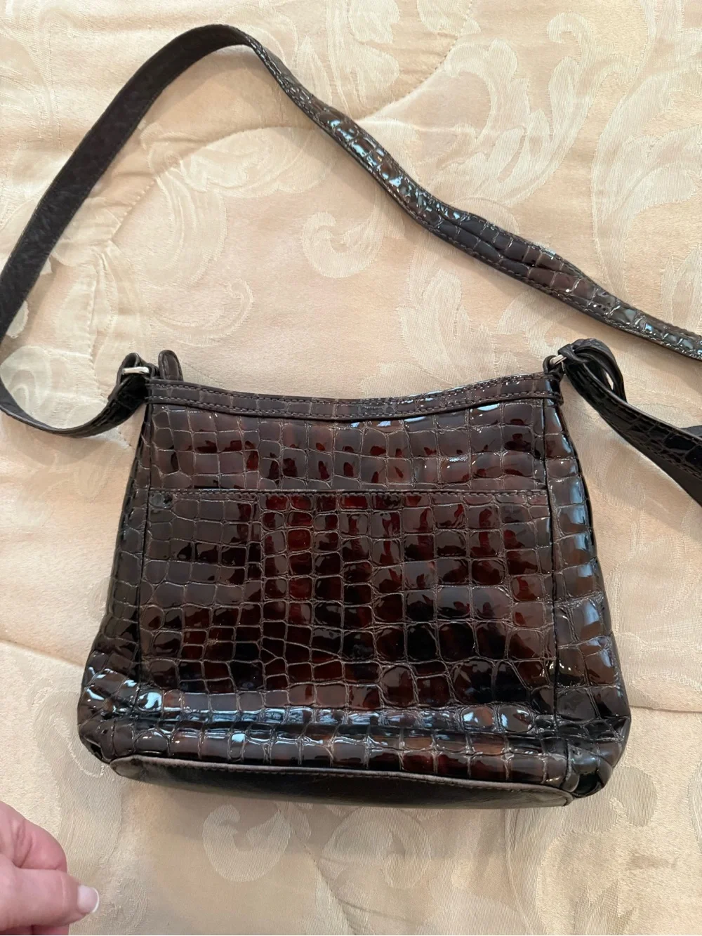 Brighton Vintage chocolate brown glossy Croc-Embossed Leather Messenger Bag